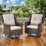 Set of 2 Belord wicker patio swivel glider chairs with high backrests and floral armrests, ideal for outdoor seating.