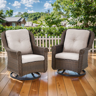 Set of 2 Belord wicker patio swivel glider chairs with high backrests and floral armrests, ideal for outdoor seating.