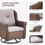 Set of 2 Belord wicker swivel patio chairs with high back, floral armrests, ideal for outdoor seating.