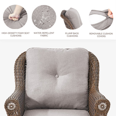 Set of 2 Belord wicker swivel patio chairs with high back, floral armrests, ideal for outdoor seating.