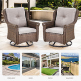 Set of 2 Belord wicker patio swivel glider chairs with high backrests and floral armrest designs, perfect for outdoor seating.