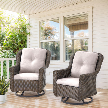 Set of 2 Belord wicker patio swivel glider chairs with high backs and floral armrests, perfect for outdoor relaxation.
