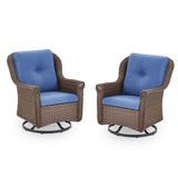 Set of 2 Belord wicker swivel glider patio chairs with high backrests, floral armrests, ideal for outdoor seating.