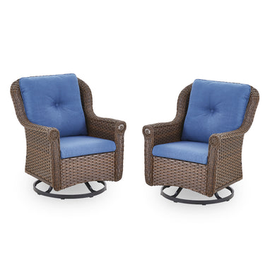 Set of 2 Belord wicker swivel glider patio chairs with high backrests, floral armrests, ideal for outdoor seating.