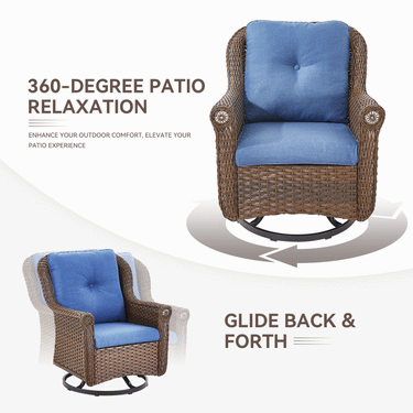 Set of 2 Belord wicker patio swivel glider chairs with high backs and floral armrests, perfect for outdoor relaxation.
