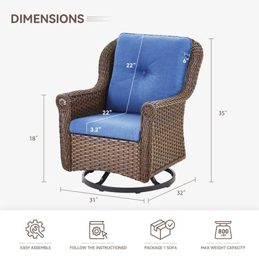 Set of 2 Belord wicker patio swivel glider chairs with high back and floral armrest designs, ideal for outdoor relaxation.