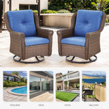 Set of 2 Belord wicker patio swivel glider chairs with high backs and floral armrests, ideal for outdoor seating.