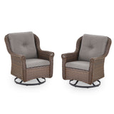 Set of 2 Belord wicker swivel patio chairs with high back, floral armrests, ideal for outdoor seating.
