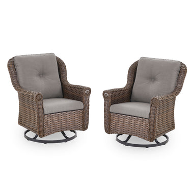 Set of 2 Belord wicker swivel patio chairs with high back, floral armrests, ideal for outdoor seating.