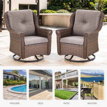Pair of Belord wicker swivel patio chairs with high backrests, floral armrests, and comfortable gliding design.