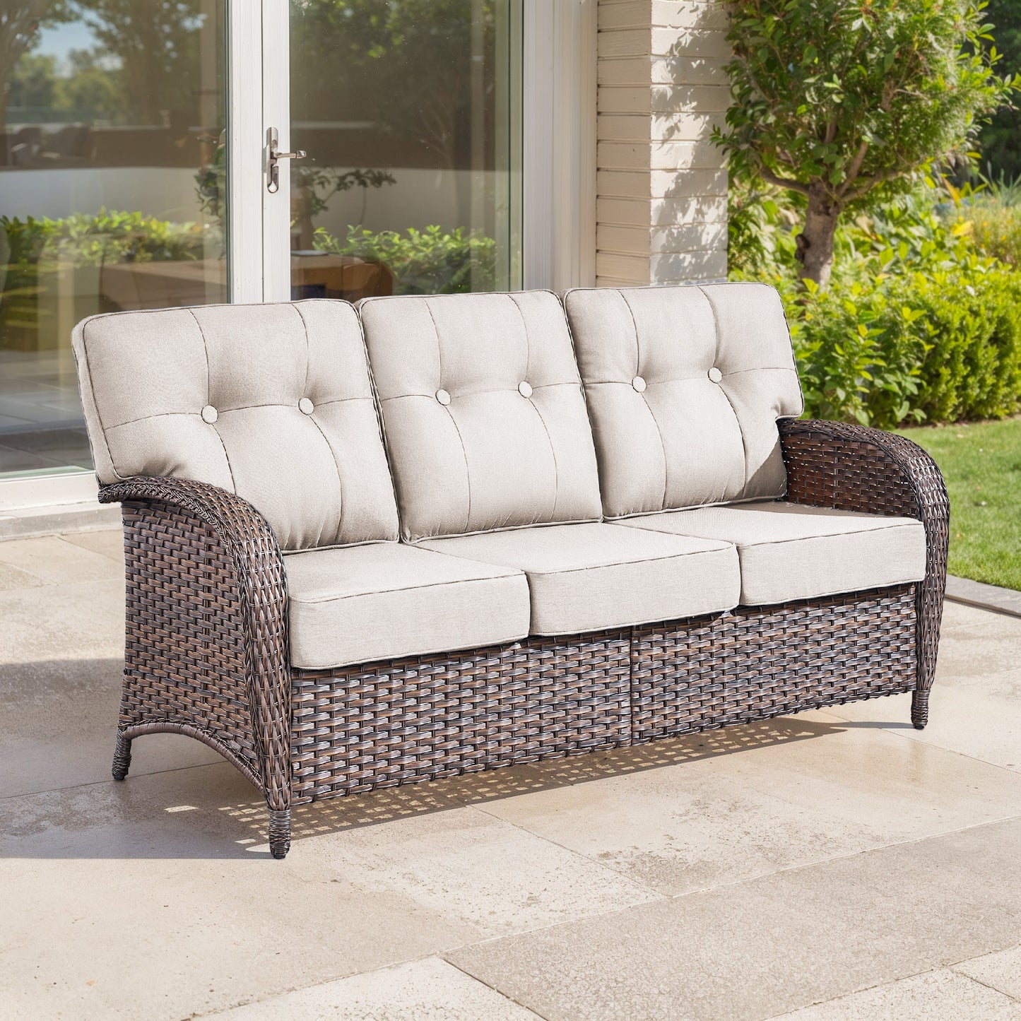 3-Seater T-Back Sofa – 5" Thick High-Density Cushions, All-Weather Brown Wicker, T Series
