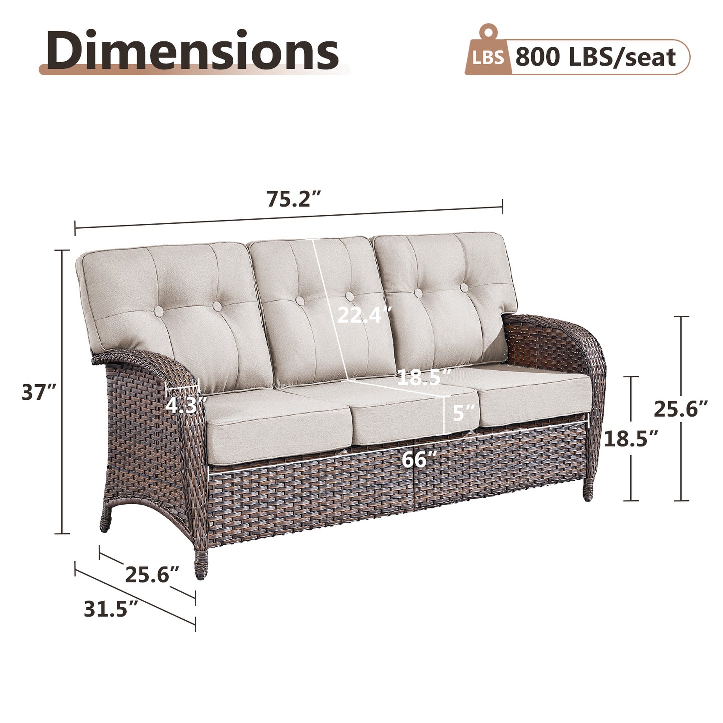 3-Seater T-Back Sofa – 5" Thick High-Density Cushions, All-Weather Brown Wicker, T Series