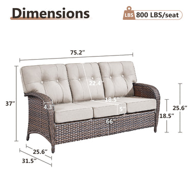 3-Seater T-Back Sofa – 5" Thick High-Density Cushions, All-Weather Brown Wicker, T Series - Belord