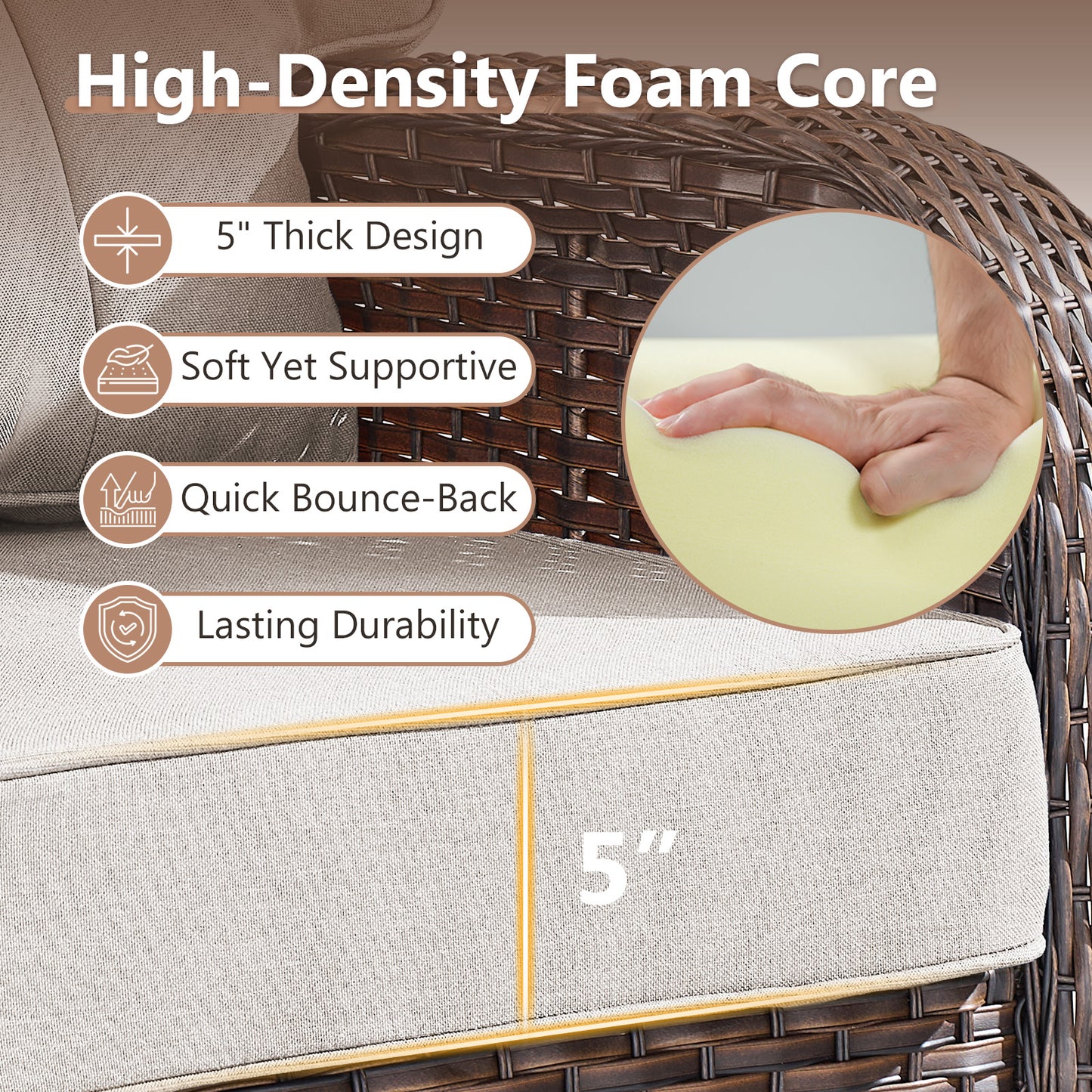 Premium 7-Piece Patio Set: 3-Seater Sofa with T-Back Design + 2 Patio Chairs + Side Table + Coffee Table + 2 Footstools - Supportive 5" Thick Cushions & Durable PE Wicker (T Series)