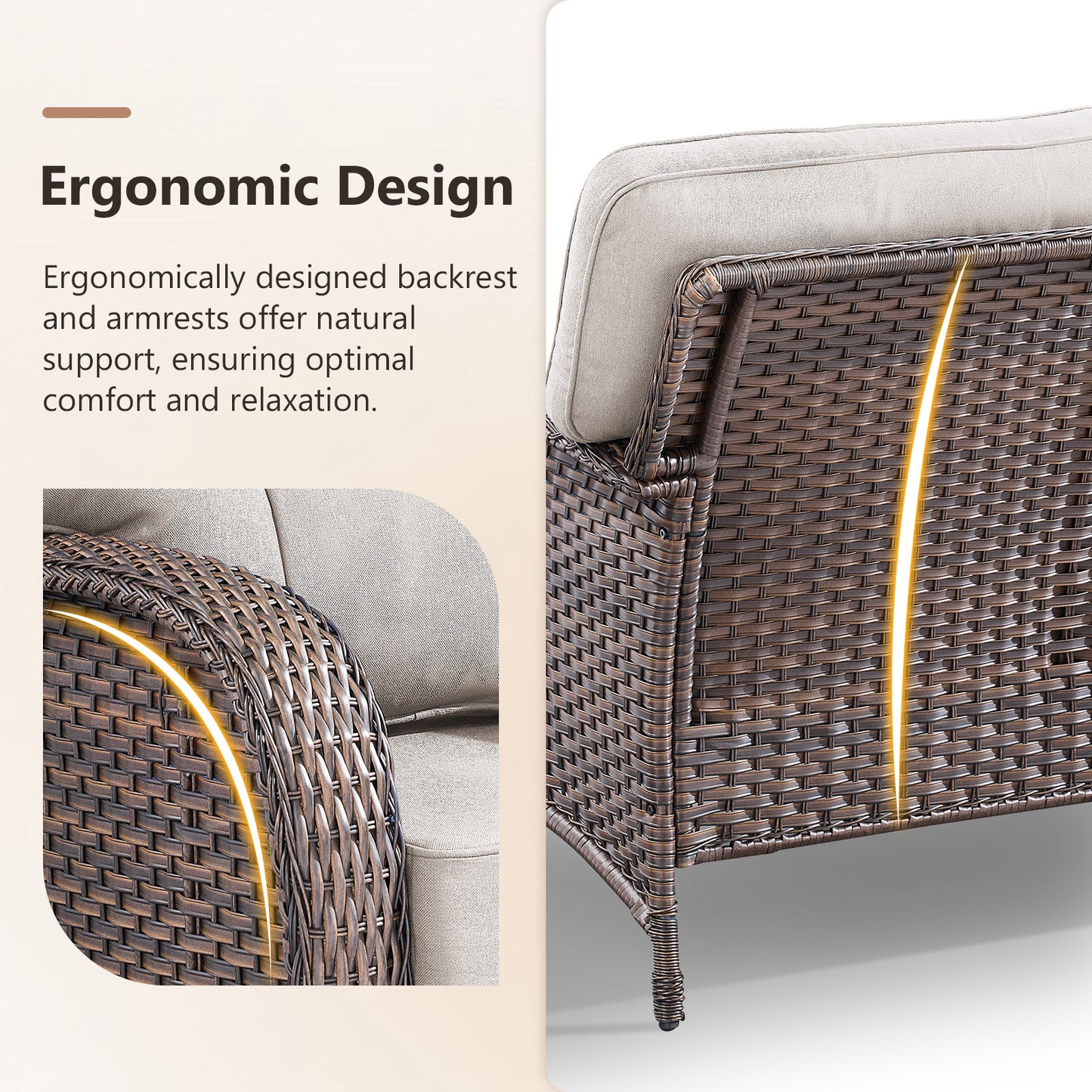 Premium 7-Piece Patio Set: 3-Seater Sofa with T-Back Design + 2 Patio Chairs + Side Table + Coffee Table + 2 Footstools - Supportive 5" Thick Cushions & Durable PE Wicker (T Series)