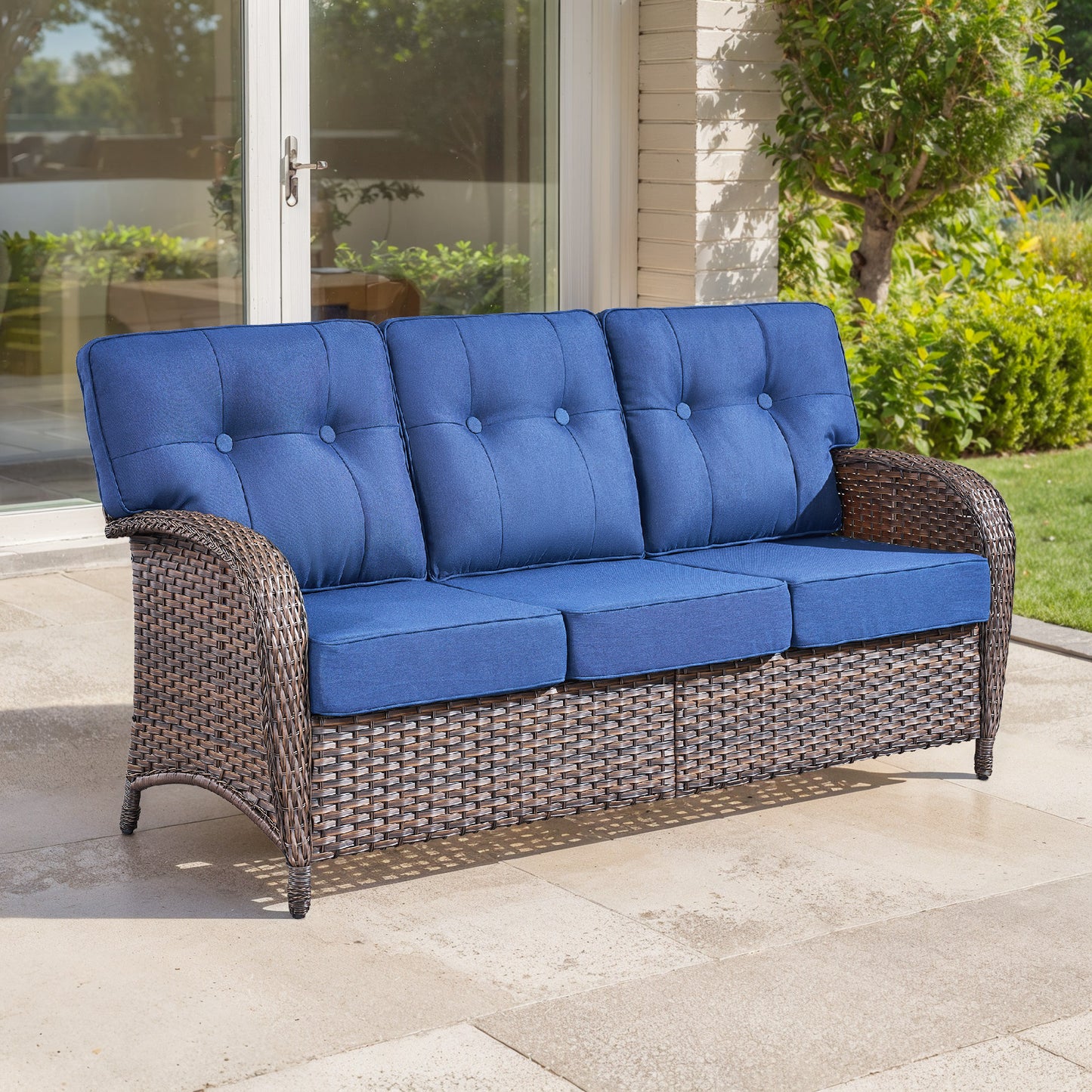 3-Seater T-Back Sofa – 5" Thick High-Density Cushions, All-Weather Brown Wicker, T Series