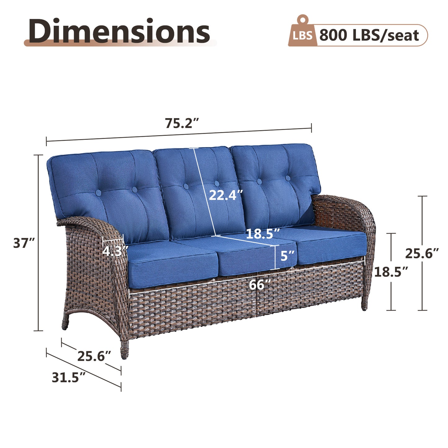 3-Seater T-Back Sofa – 5" Thick High-Density Cushions, All-Weather Brown Wicker, T Series