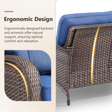Luxury 5-piece patio conversation set by Belord with wicker sofa, chairs, side and coffee tables, and thick cushions.