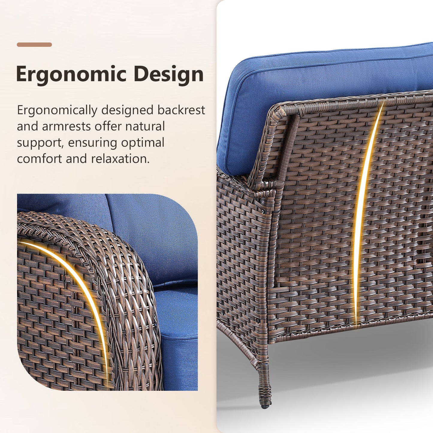 Premium 7-Piece Patio Set: 3-Seater Sofa with T-Back Design + 2 Patio Chairs + Side Table + Coffee Table + 2 Footstools - Supportive 5" Thick Cushions & Durable PE Wicker (T Series)