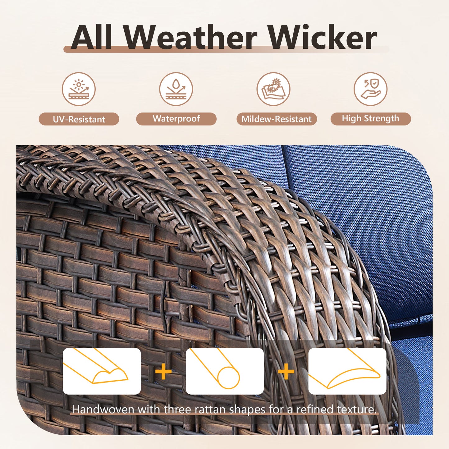 T Series 3-Piece Patio Set: 1 T-Back Sofa + 2 Ottomans – All-Weather PE Wicker with 5" Thick Cushions