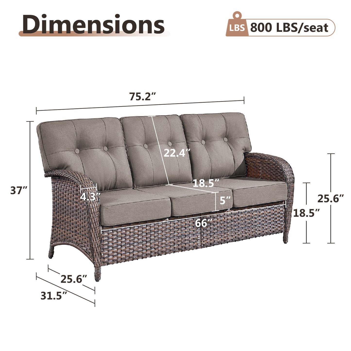 3-Seater T-Back Sofa – 5" Thick High-Density Cushions, All-Weather Brown Wicker, T Series