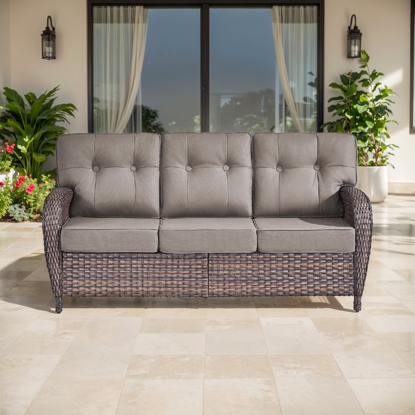 3-Seater T-Back Sofa – 5" Thick High-Density Cushions, All-Weather Brown Wicker, T Series