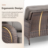 Luxury 5-piece patio conversation set by Belord with 3-seater sofa, 2 chairs, side and coffee tables, all-weather PE wicker, thick cushions.
