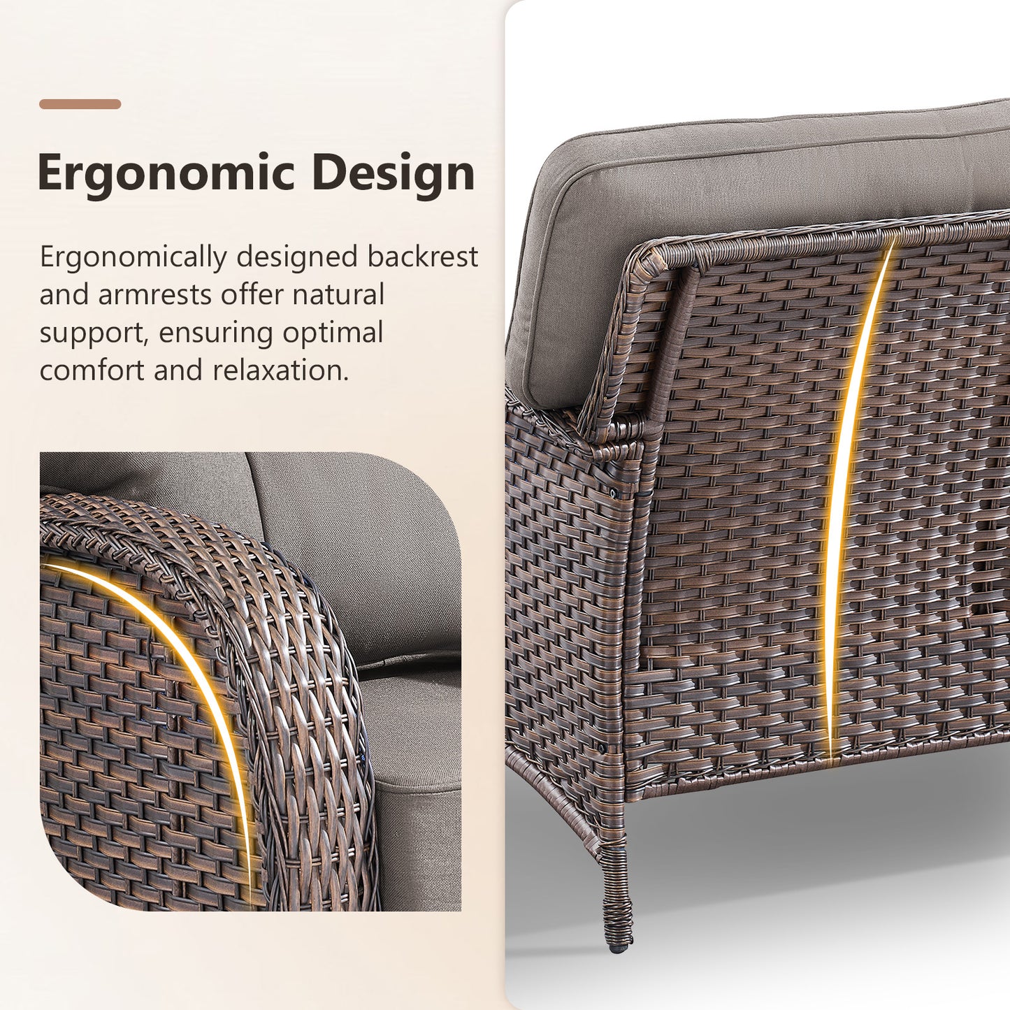 Premium 7-Piece Patio Set: 3-Seater Sofa with T-Back Design + 2 Patio Chairs + Side Table + Coffee Table + 2 Footstools - Supportive 5" Thick Cushions & Durable PE Wicker (T Series)