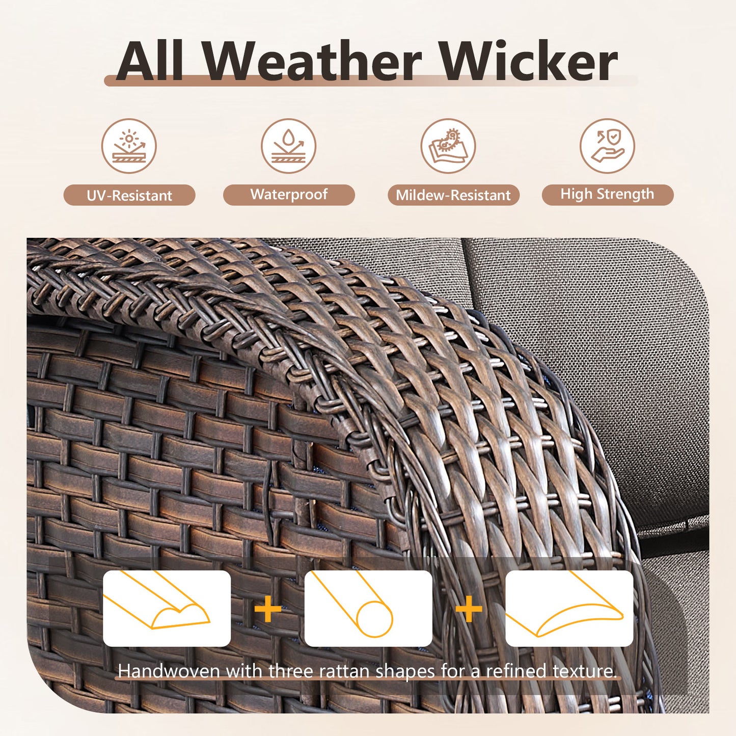 3-Seater T-Back Sofa – 5" Thick High-Density Cushions, All-Weather Brown Wicker, T Series