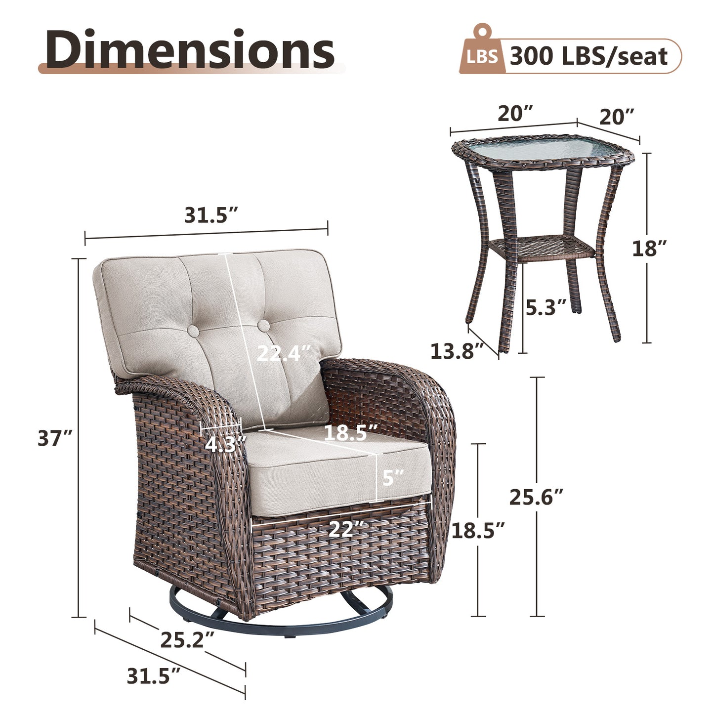 2-Piece Swivel Glider Set w/Side Table: Ergonomic T-Back Design, 5" Thick Seat Cushions – T Series