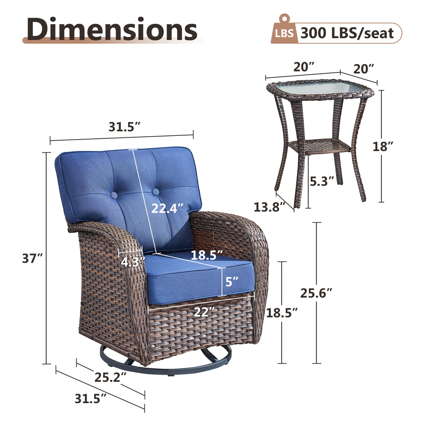 2-Piece Swivel Glider Set w/Side Table: Ergonomic T-Back Design, 5" Thick Seat Cushions – T Series