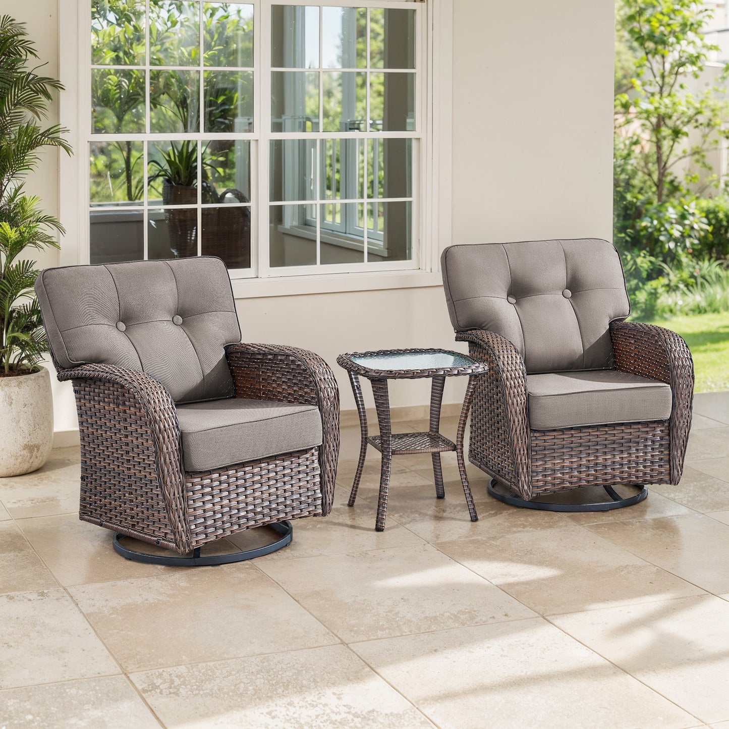 2-Piece Swivel Glider Set w/Side Table: Ergonomic T-Back Design, 5" Thick Seat Cushions – T Series