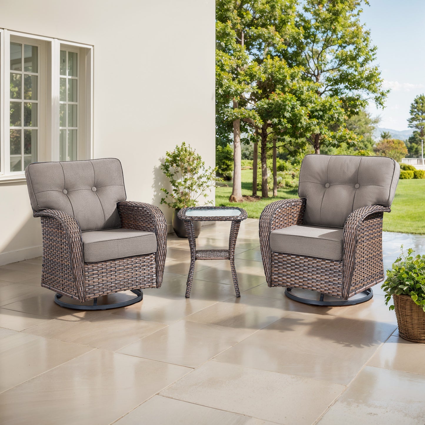 2-Piece Swivel Glider Set w/Side Table: Ergonomic T-Back Design, 5" Thick Seat Cushions – T Series