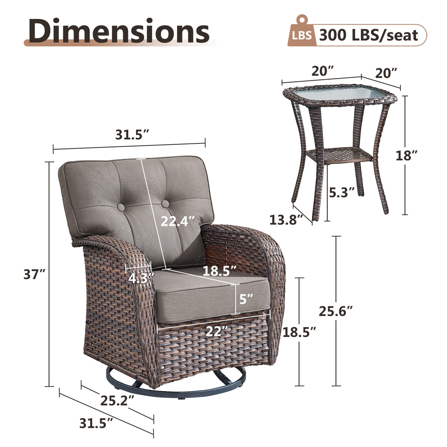 2-Piece Swivel Glider Set w/Side Table: Ergonomic T-Back Design, 5" Thick Seat Cushions – T Series