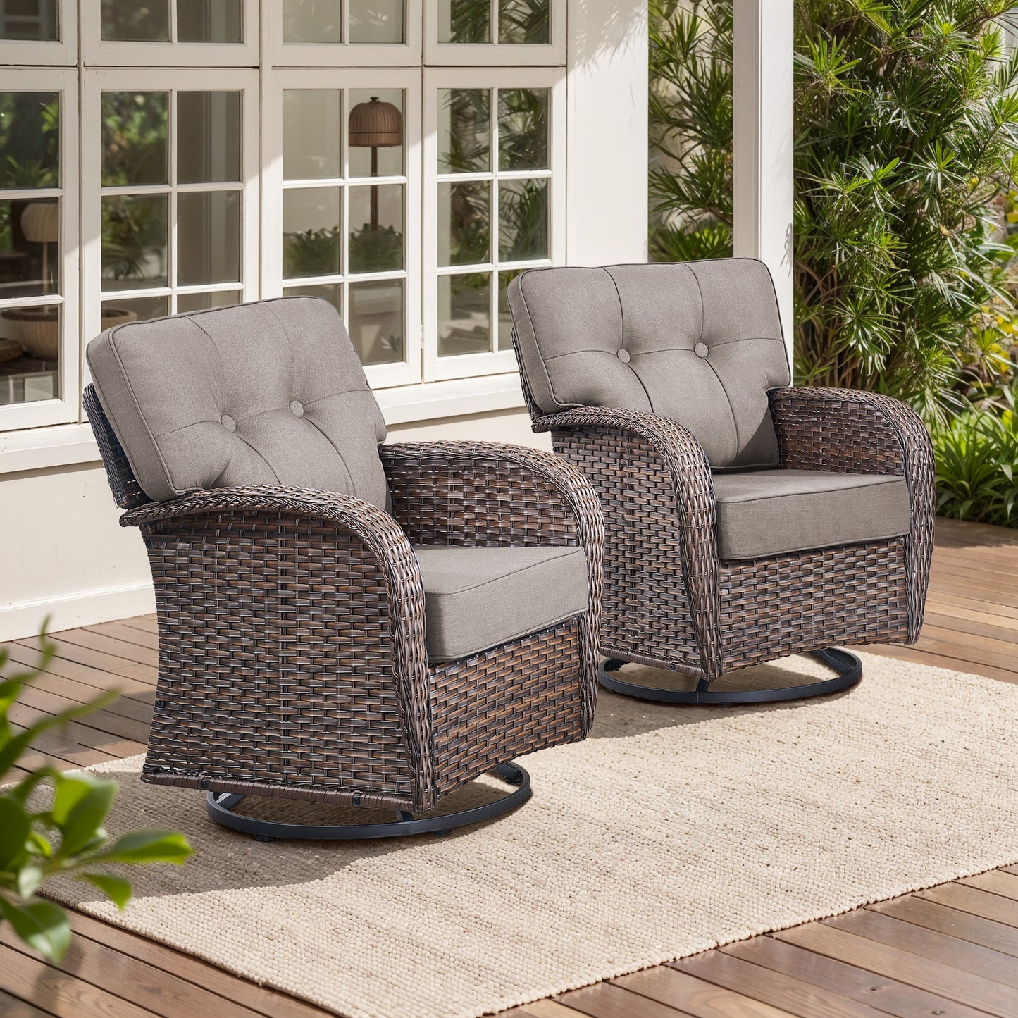 Swivel Patio Chairs (Set of 2) – Wide T-Back Design & 5" Thick Cushions, T Series