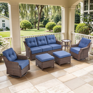 Belord 6-piece wicker patio conversation set with swivel glider sofa and ottoman from the OVolo Series, featuring cushioned seats.