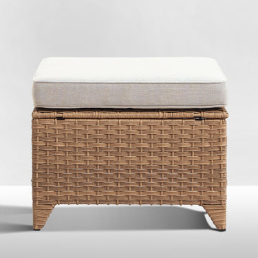 Belord 2-piece patio wicker ottoman set with side table for outdoor conversation, part of NTC Series, shown in a cozy patio setting.