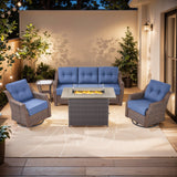 Belord 5-piece wicker swivel glider and sofa set with fire pit table from OVOLO Series, outdoor patio fire table set.