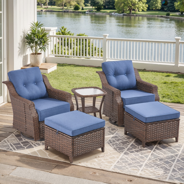 Belord 5-piece outdoor wicker swivel glider chairs and ottomans set from the OVOLO Series, ideal for patio conversation.