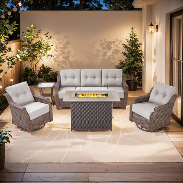 Belord 5-piece wicker patio fire table set with swivel glider chairs and sofa, featuring a central fire pit table for outdoor relaxation.