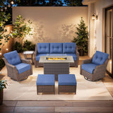 Belord 7-piece wicker swivel glider sofa and fire pit table set from the OVOLO series, featuring comfortable outdoor patio furniture.