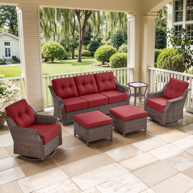 Belord 6-piece wicker swivel glider patio set with sofa, ottoman, and cushions from the OVOLO Series, perfect for outdoor conversation.