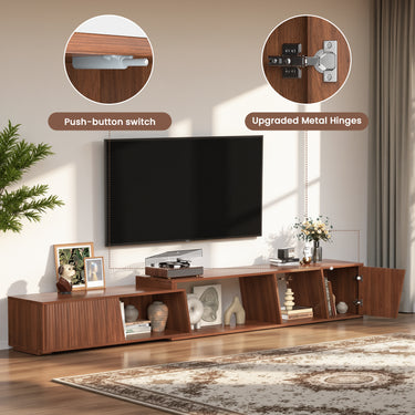 Walnut extendable Belord TV stand with sliding doors, minimalist rectangular entertainment cabinet for modern living rooms.