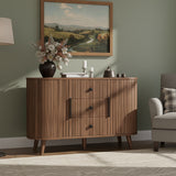 Walnut 47-inch Belord sideboard buffet cabinet with fluted tambour doors, adjustable shelves, and three drawers for modern kitchen storage.