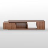 Walnut extendable TV stand by Belord with sliding doors, minimalist rectangular design, ideal for modern entertainment centers.