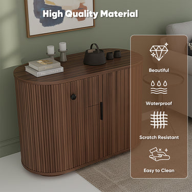 Walnut 47-inch Belord sideboard buffet cabinet with fluted tambour doors, adjustable shelves, and three drawers for modern kitchen storage.