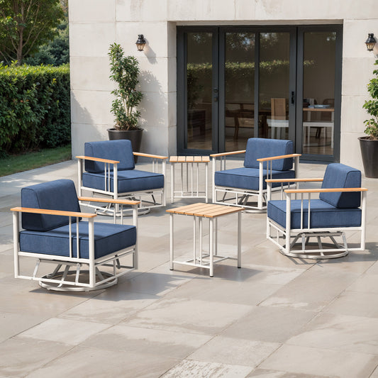 BINGLI Outdoor Swivel Chair Set of 4 + 2 Side Tables - 6 Inch Thick Cushioned Patio Lounge Chairs - All-Weather Rotating Furniture for Deck & Garden