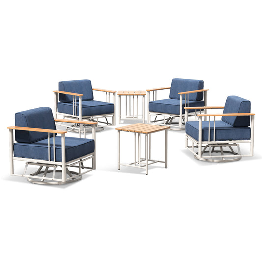 BINGLI Outdoor Swivel Chair Set of 4 + 2 Side Tables - 6 Inch Thick Cushioned Patio Lounge Chairs - All-Weather Rotating Furniture for Deck & Garden