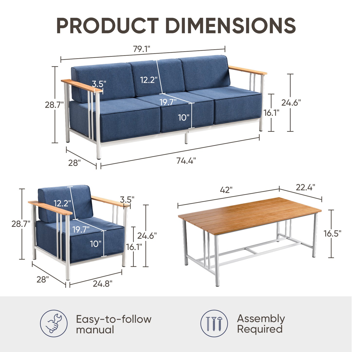 Luxury 4-Piece Patio Set with 10" Thick Cushions - Outdoor Sofa & Patio Chair & Coffee Table, BINGLI