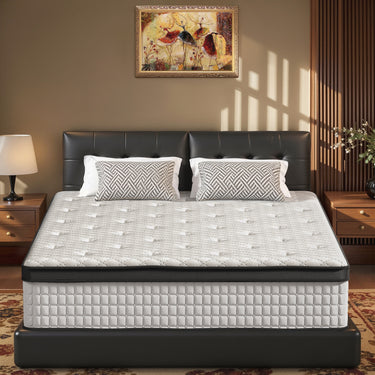 White 12-inch Belord hybrid mattress with memory foam and pocket springs for pressure relief and motion isolation.